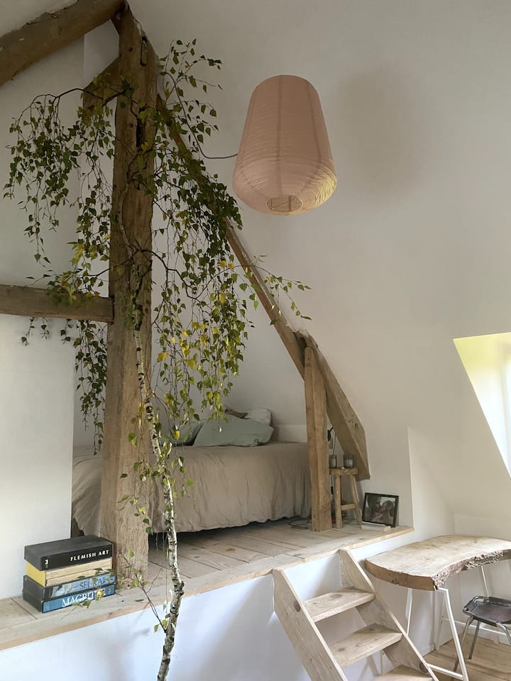 Основна спалня с голямо двойно легло на платформата и бюро за работа, за да си свършите работата.