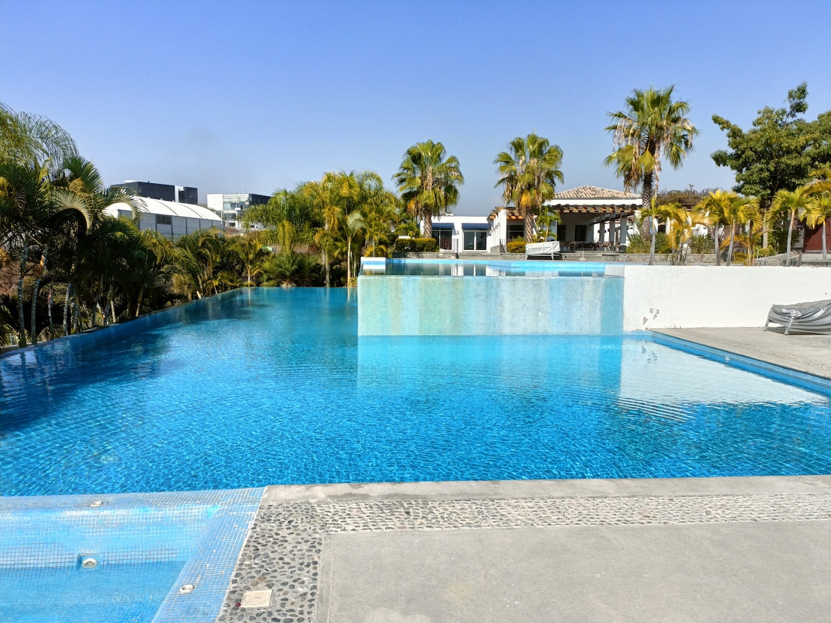 An expansive infinity pool is visible, reflecting the bright blue sky. Palm trees line the sides, enhancing the tranquil atmosphere. The pool area is surrounded by well-maintained gardens, providing a serene setting for relaxation.