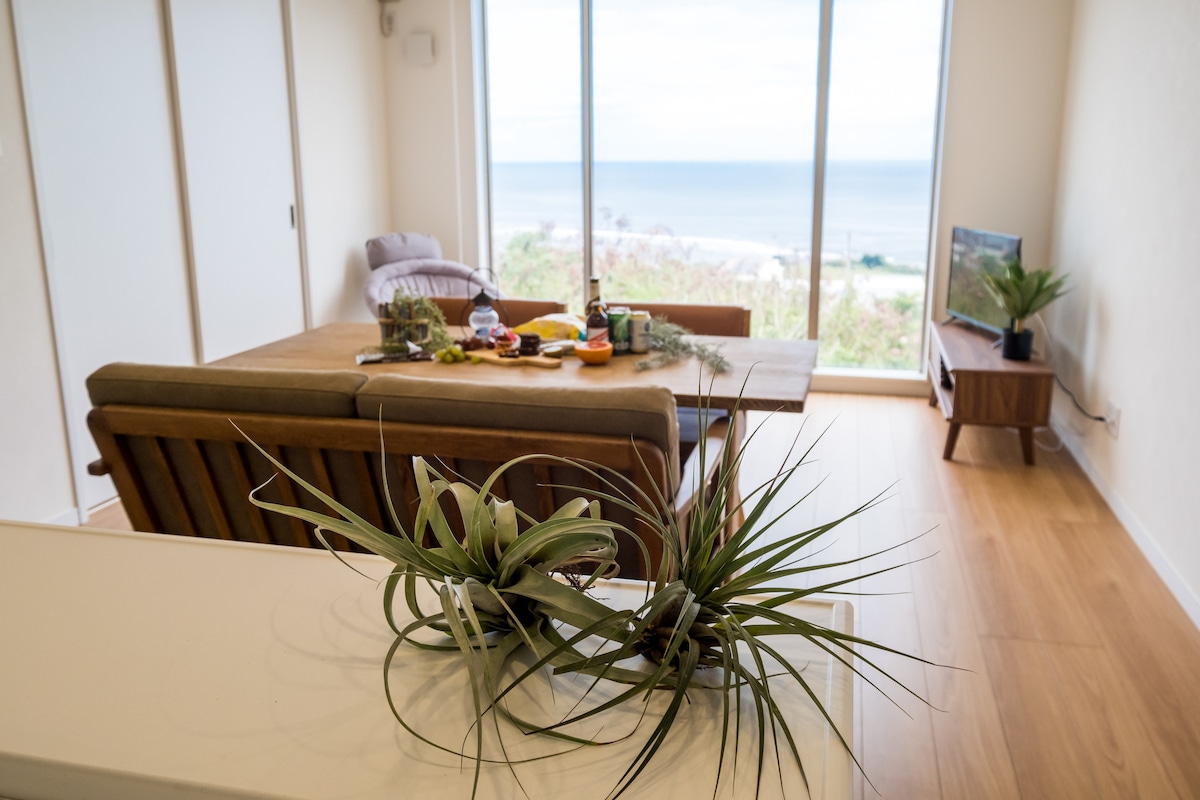 A wooden dining table sits in a well-lit living area with large glass windows offering views of the ocean. Simple plants decoratively placed on the countertop add a touch of greenery, while a cozy seating area features a small television. Natural light brightens the space.