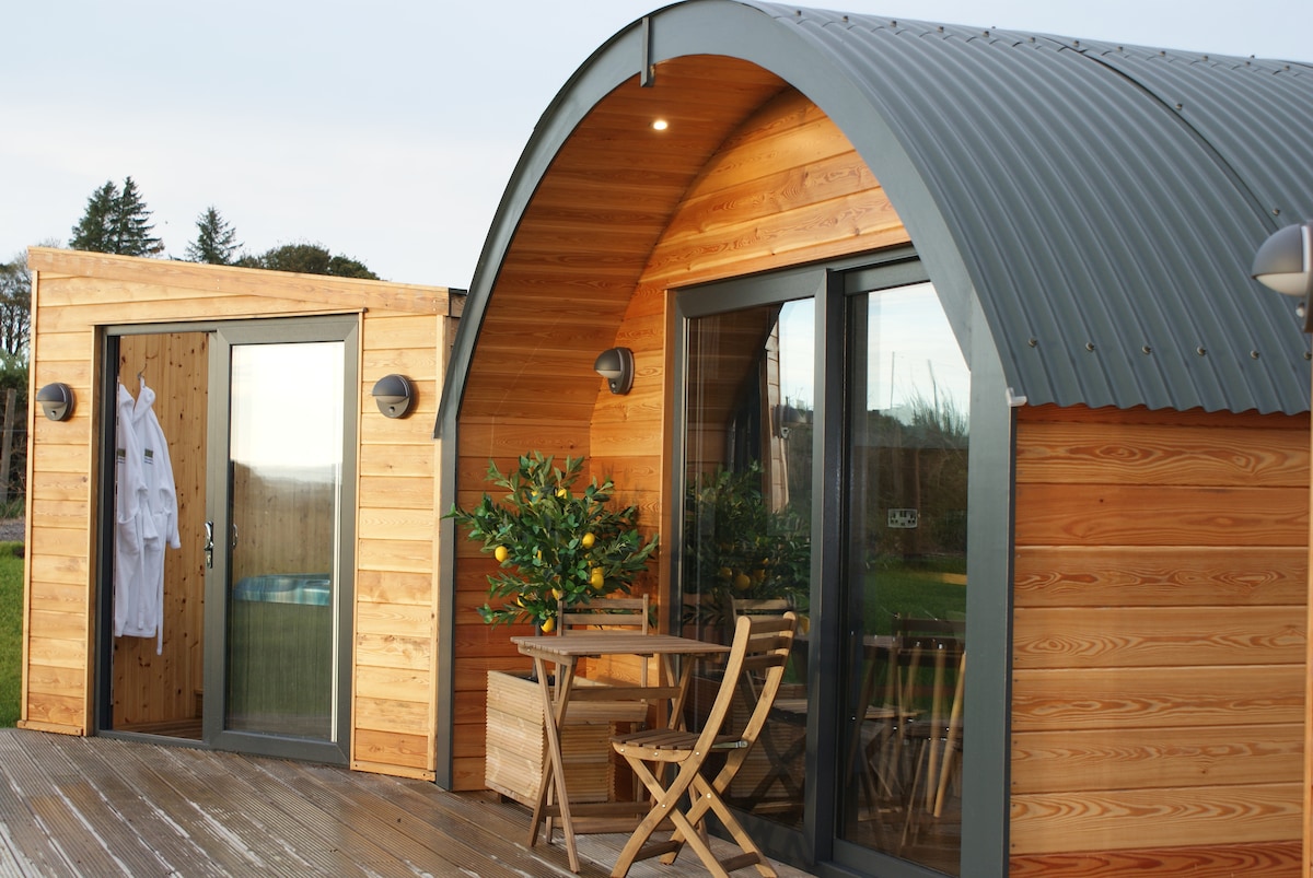A charming cabin features a curved roof and wooden exterior, complemented by expansive glass doors. A small outdoor deck area includes a table and chairs, inviting relaxation. Adjacent to the cabin, a separate structure with a door is visible, enhancing the overall retreat setting.