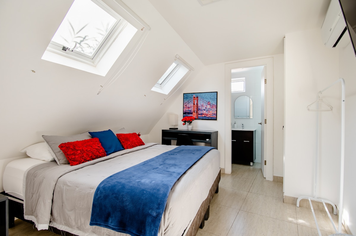 A modern bedroom features a spacious bed with a blue blanket and accent pillows. Natural light enters through skylights, while a television and dark wood dresser are positioned against one wall. An ensuite bathroom is visible, complete with a mirror and sink.