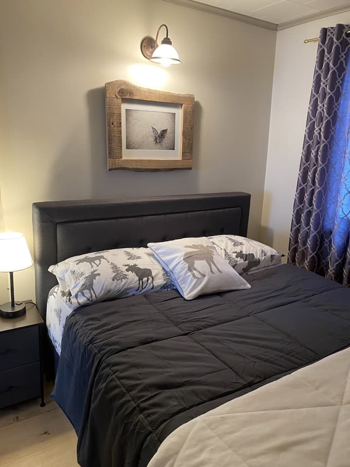 غرفة النوم الرئيسية ، بسرير بحجم كبير وخزانة ملابس وخزانة ملابس وأرضيات صنوبر جميلة. توفر المصابيح ذات الميناء محطة شحن هاتف مريحة. 