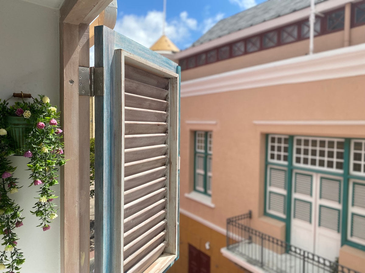 A wooden shutter is partially open, revealing a view of a neighboring building's façade with colorful walls. A decorative arrangement of small plants hangs nearby, adding a touch of greenery to the scene. Bright blue skies can be seen beyond the shutter.