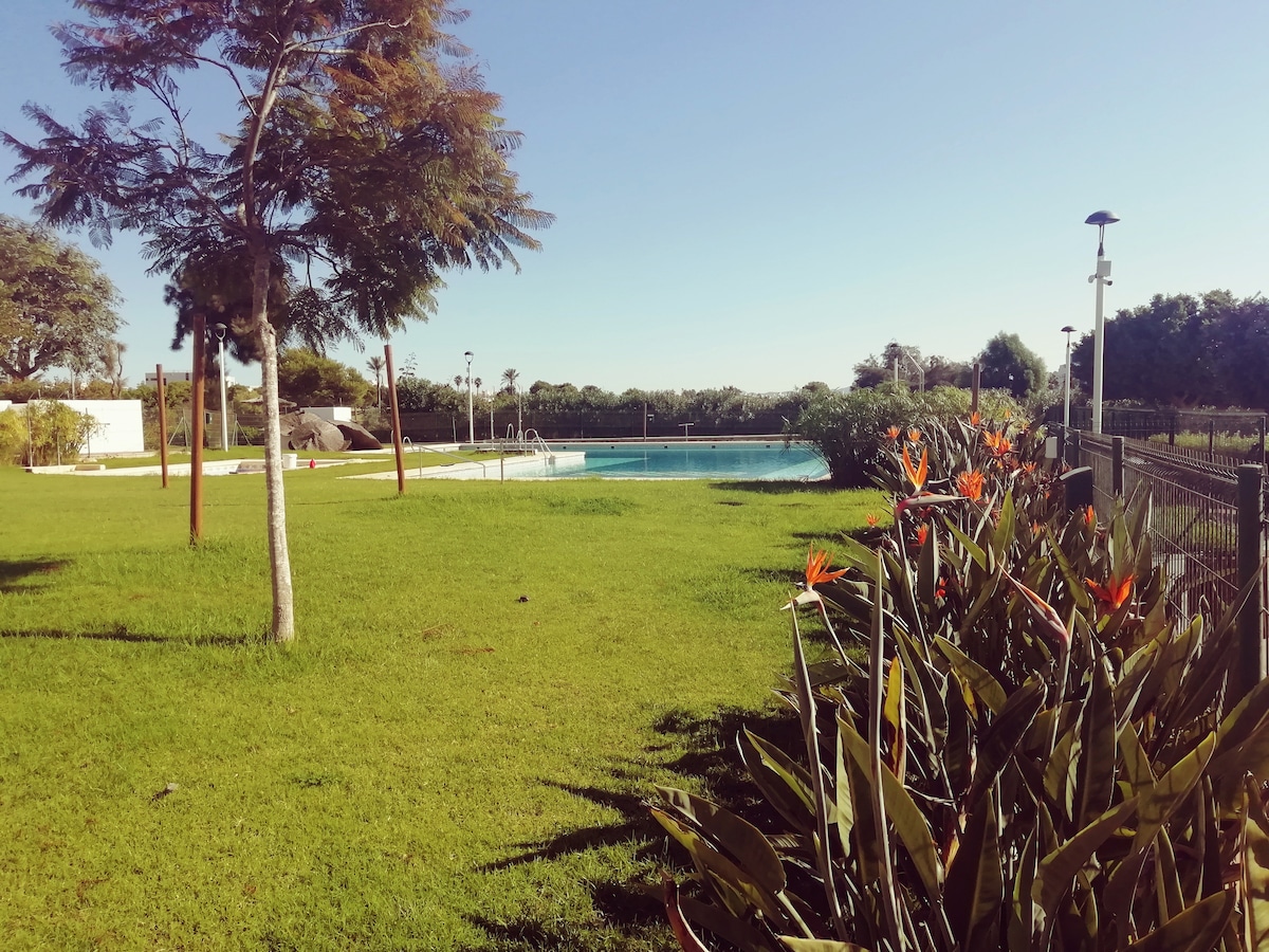 A well-maintained garden area is shown, featuring lush green grass and colorful tropical plants. A clear swimming pool is visible in the background, surrounded by trees and light fixtures, providing a serene outdoor setting.