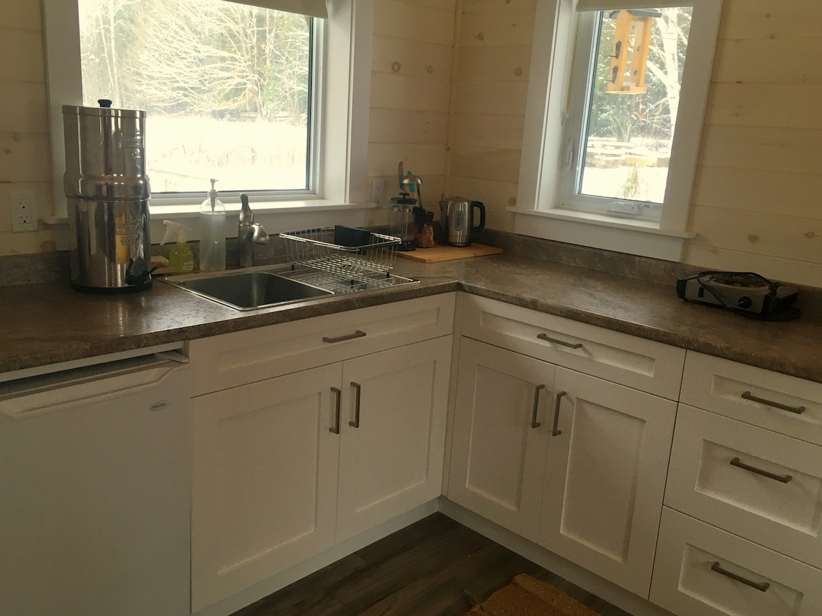 A functional kitchen area is designed with white cabinetry and a spacious countertop. A stainless steel sink and a ceramic water filter are featured alongside various kitchen appliances. Natural light streams in through two windows, illuminating the organized space.