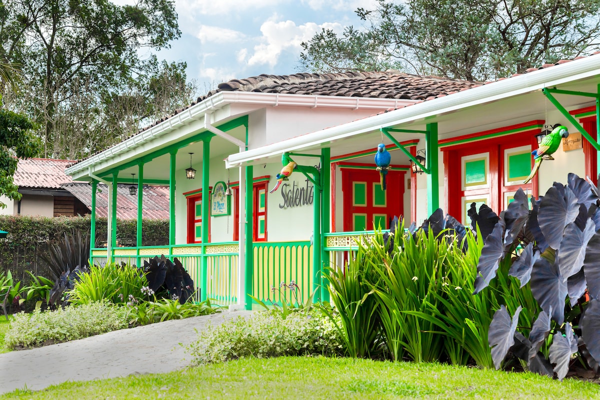 A colorful exterior of the property is highlighted by vibrant green and pink details. The porch is framed by lush tropical plants, providing a welcoming entry. Decorative accents, including birds, add charm to the overall design.