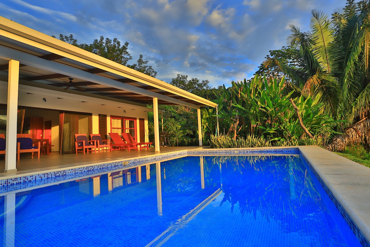 A serene pool area is showcased, featuring clear blue water reflecting the colorful evening sky. The covered patio offers red lounge chairs, framed by lush greenery and tropical plants. The tranquil setting emphasizes a connection to nature and relaxation.