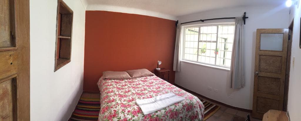 A bright room features a spacious bed adorned with a floral-patterned blanket. Natural light enters through a large window, illuminating the warm orange accent wall. A small nightstand holds a lamp, and a rustic wooden door is visible in the background.