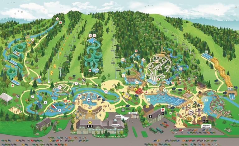 An illustration of a waterpark is shown, featuring various water slides, pools, and recreation areas nestled among green hills and trees. The layout includes diverse attractions for all ages, with pathways linking the different sections and a parking area visible at the bottom.