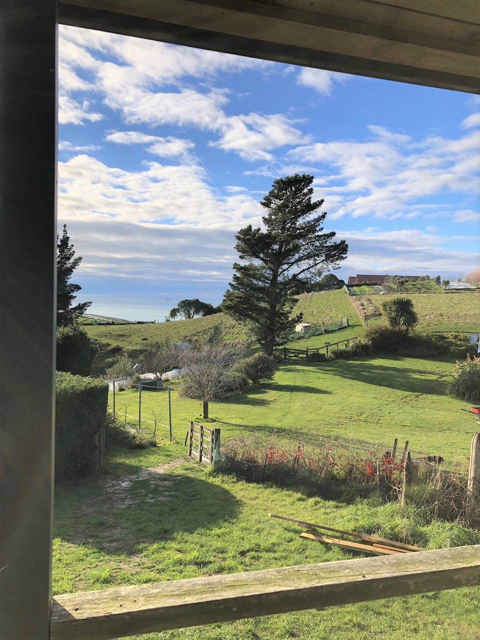 An expansive view is captured from the house, showcasing rolling green farmland and a large conifer tree. The landscape includes a gentle slope leading to distant hills under a partly cloudy sky. Fenced areas and patches of vibrant vegetation are visible in the foreground.