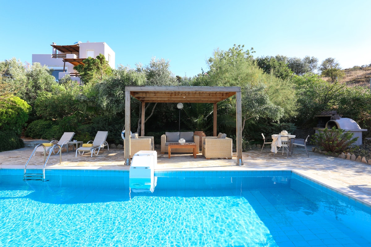 An outdoor area features a private swimming pool surrounded by lounge chairs and shaded seating. A wooden pergola provides a comfortable gathering space, while a dining table is positioned nearby. Lush greenery frames the scene, enhancing the natural ambiance.