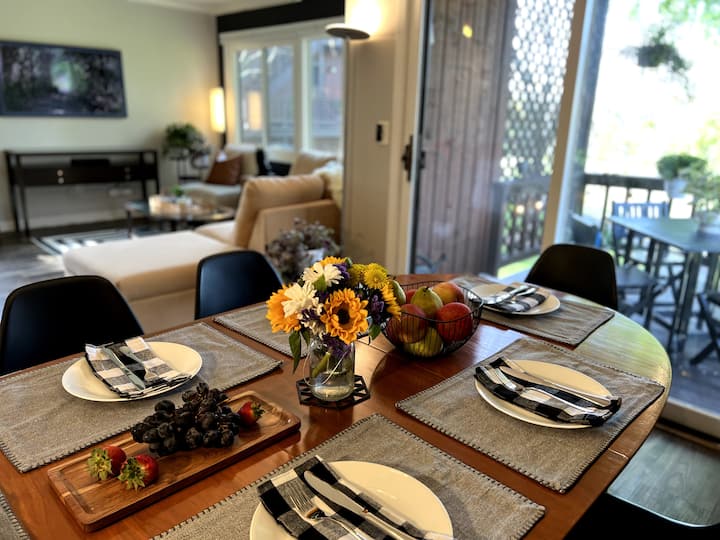Dining table set beside the sliding doors