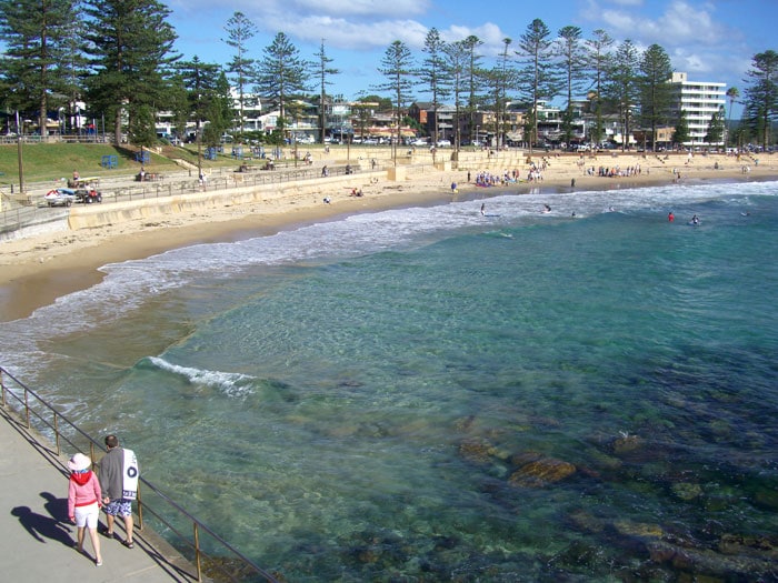The image shows a vibrant beach scene at Dee Why Beach, featuring golden sand and clear blue waters. People can be seen enjoying the shore, while trees line the background. The gentle waves create a serene atmosphere, inviting relaxation and leisure.