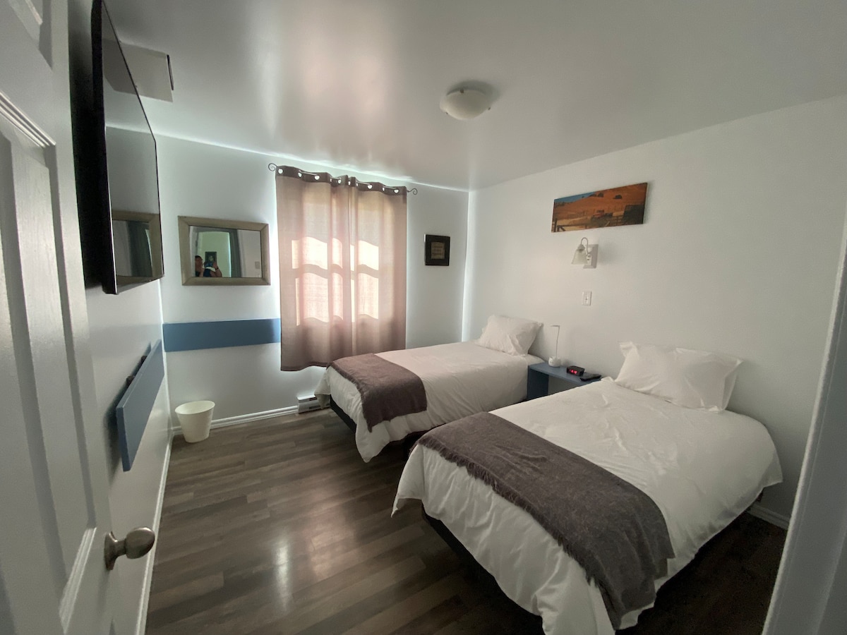 A well-lit room is furnished with two single beds, each adorned with white linens and soft gray throws. Nightstands with lamps are positioned beside the beds. A large window is covered with sheer curtains, allowing natural light to filter in, while a mirror and wall art are mounted on the walls.