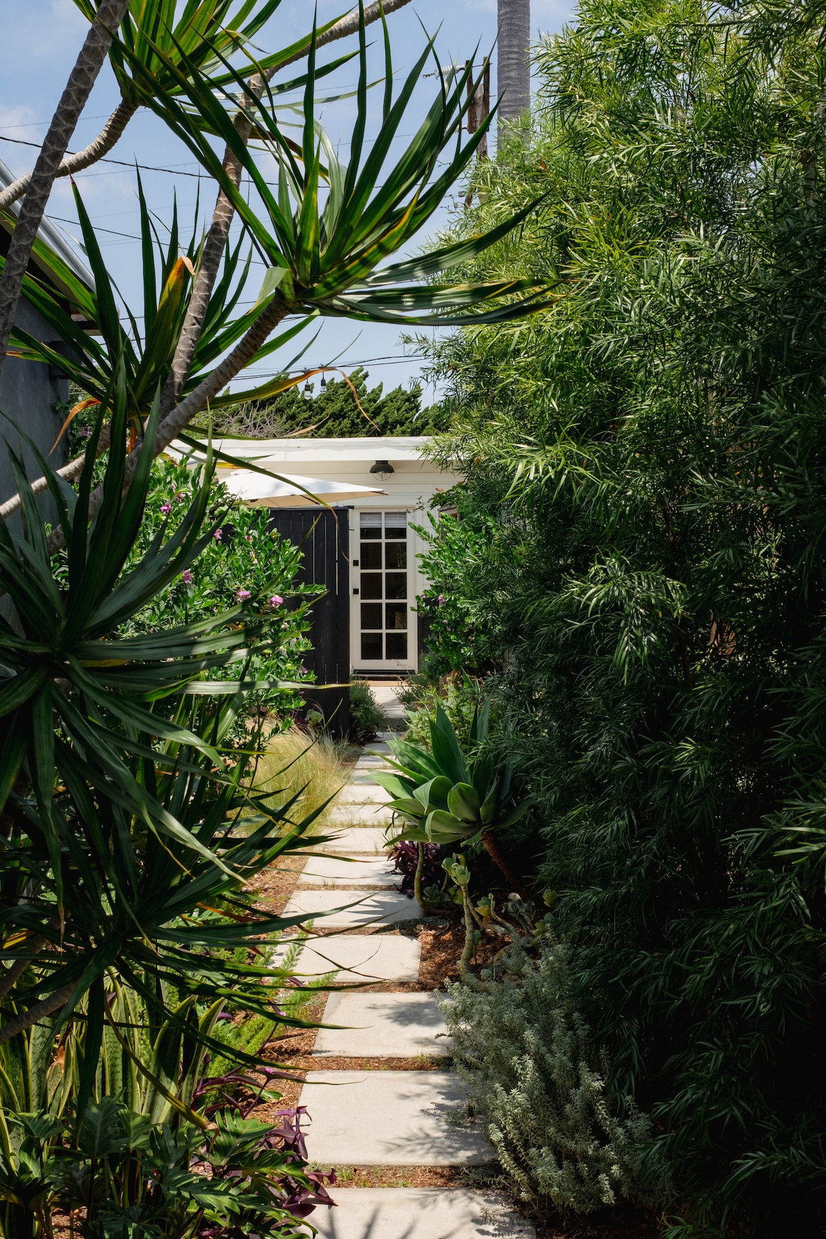A narrow stone pathway is flanked by lush greenery and tropical plants, leading to a light-colored structure in the distance. The entrance is framed by vibrant foliage, creating a serene and inviting approach to the home.