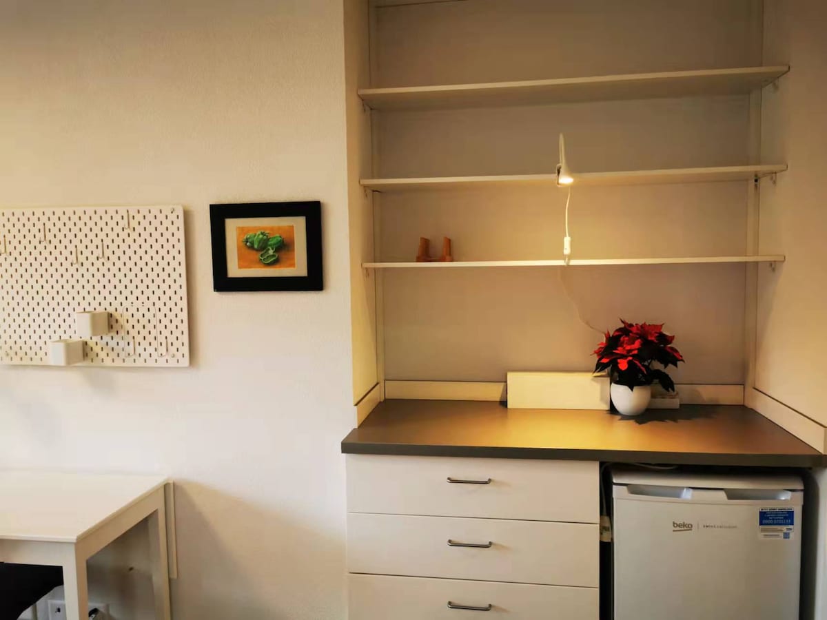 A clean and modern kitchenette is displayed, featuring open shelves and a subtle light source illuminating the countertop. A small refrigerator is positioned below, complemented by a decorative plant and wall art, enhancing the functional space.