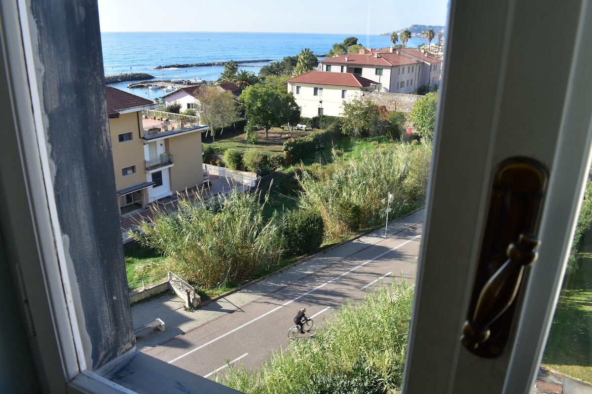 A view from a window displays a serene seaside scene, featuring a cyclist on a well-maintained path. Lush greenery lines the road, while the ocean glistens in the distance under a clear sky. Nearby, residential buildings add context to the picturesque setting.