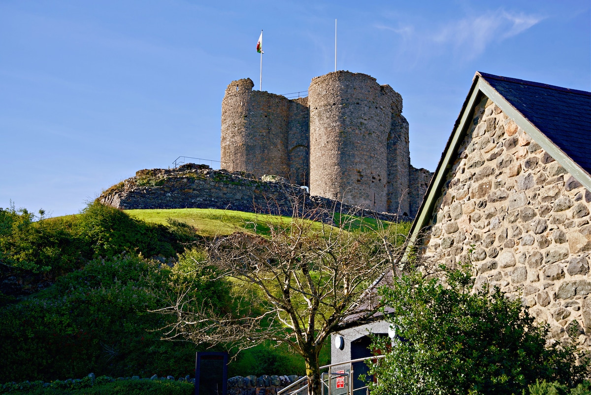 Criccieth Castle is visible atop a grassy hill, with its stone towers and Welsh flag gently waving in the breeze. The foreground features part of a cottage with a stone façade, surrounded by trees and lush greenery, creating a tranquil setting.