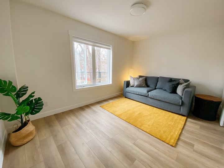 سرير أريكة بحجم كبير في غرفة مرنة.