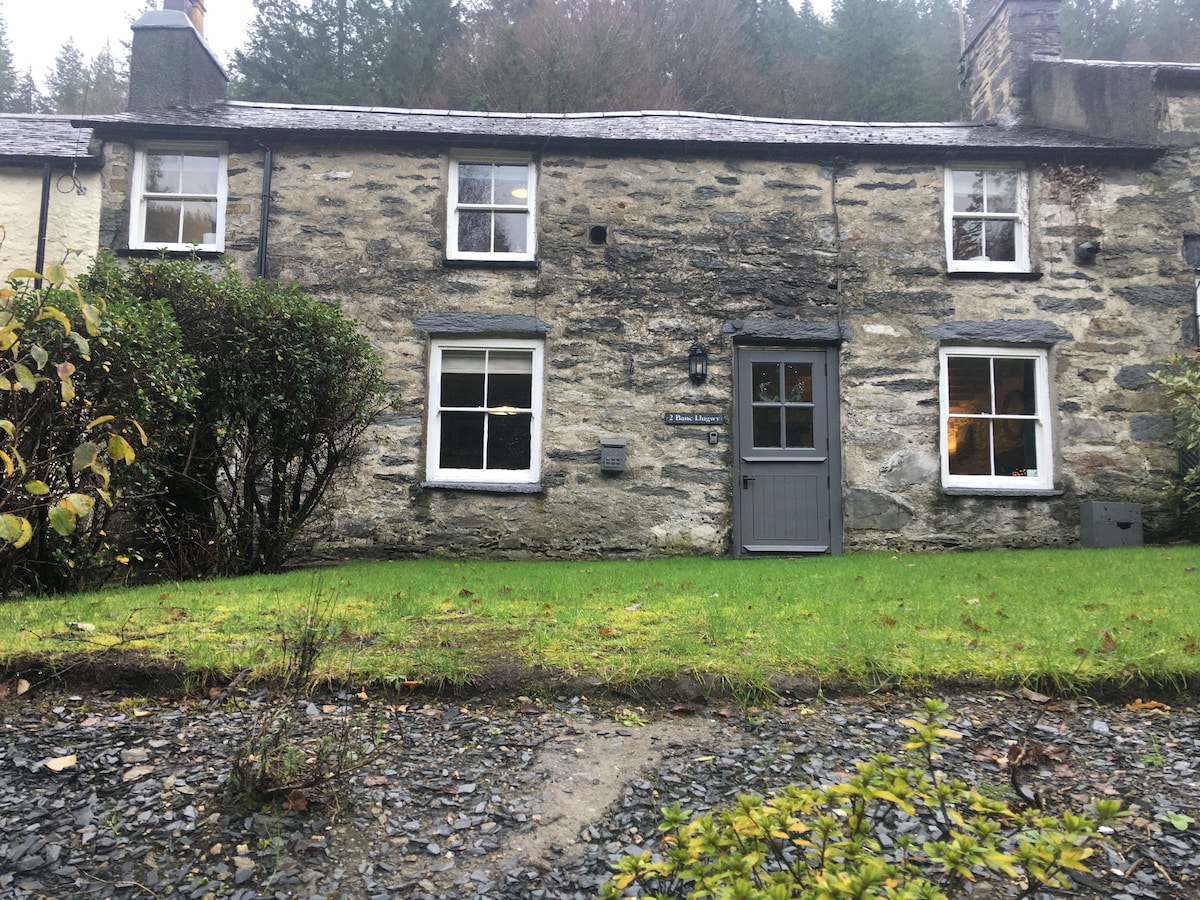 The exterior of a period cottage is displayed, featuring a stone façade and a gray door. Windows with white frames provide glimpses of the interior. A well-maintained lawn surrounds the entrance, with shrubs along the pathway leading to the front door.