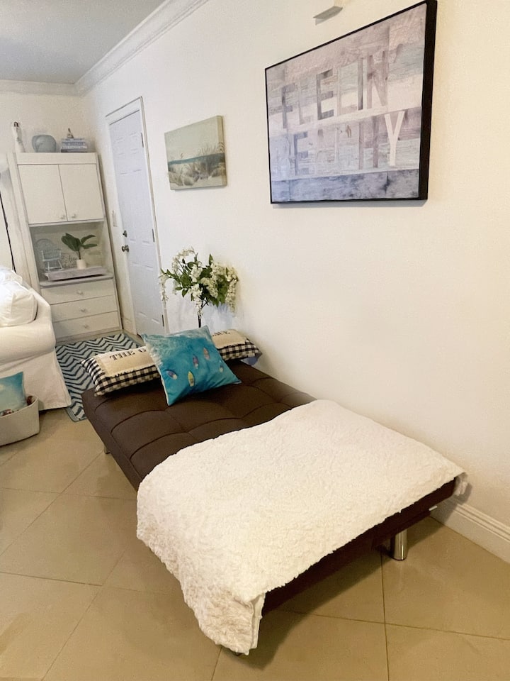 Futon open for additional sleeping area