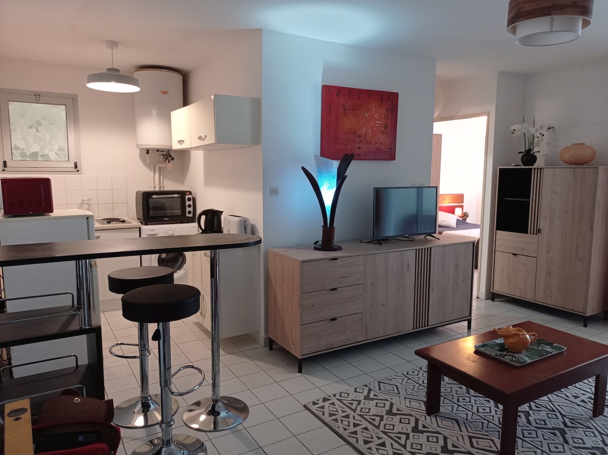 An open living area features a compact kitchen with modern appliances, including a microwave and kettle. A small dining table with high stools is present, alongside a television unit and decorative elements. A cozy seating area is created with a coffee table, adding functionality to the space.