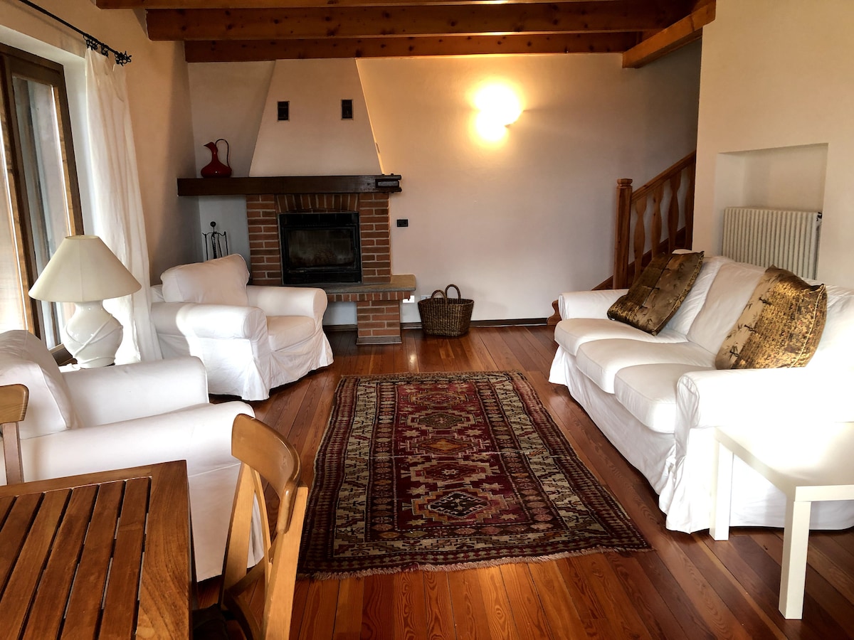 A spacious living area features two white sofas positioned around a wooden coffee table, with an area rug adding warmth to the hardwood floor. A brick fireplace provides a central focal point, complemented by understated decor and natural light from large windows.