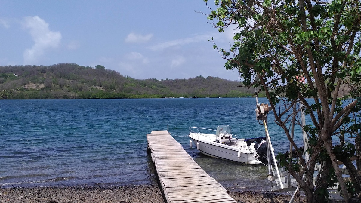 A wooden dock extends over clear blue water, leading to a white motorboat secured alongside the shore. Lush greenery surrounds the tranquil bay, with gentle hills visible in the background under a bright sky. The scene reflects a serene coastal environment.