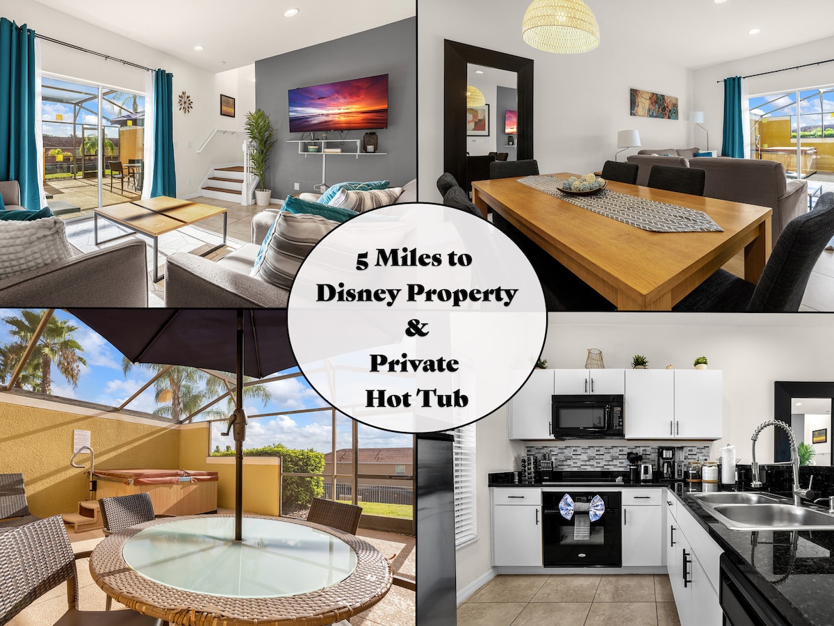 A collage of four images highlighting various spaces within the townhome. A bright living room features modern seating and a flat-screen TV. An outdoor patio showcases a dining table and a heated hot tub. A stylish kitchen displays sleek appliances and countertops, while a dining area accommodates six guests.