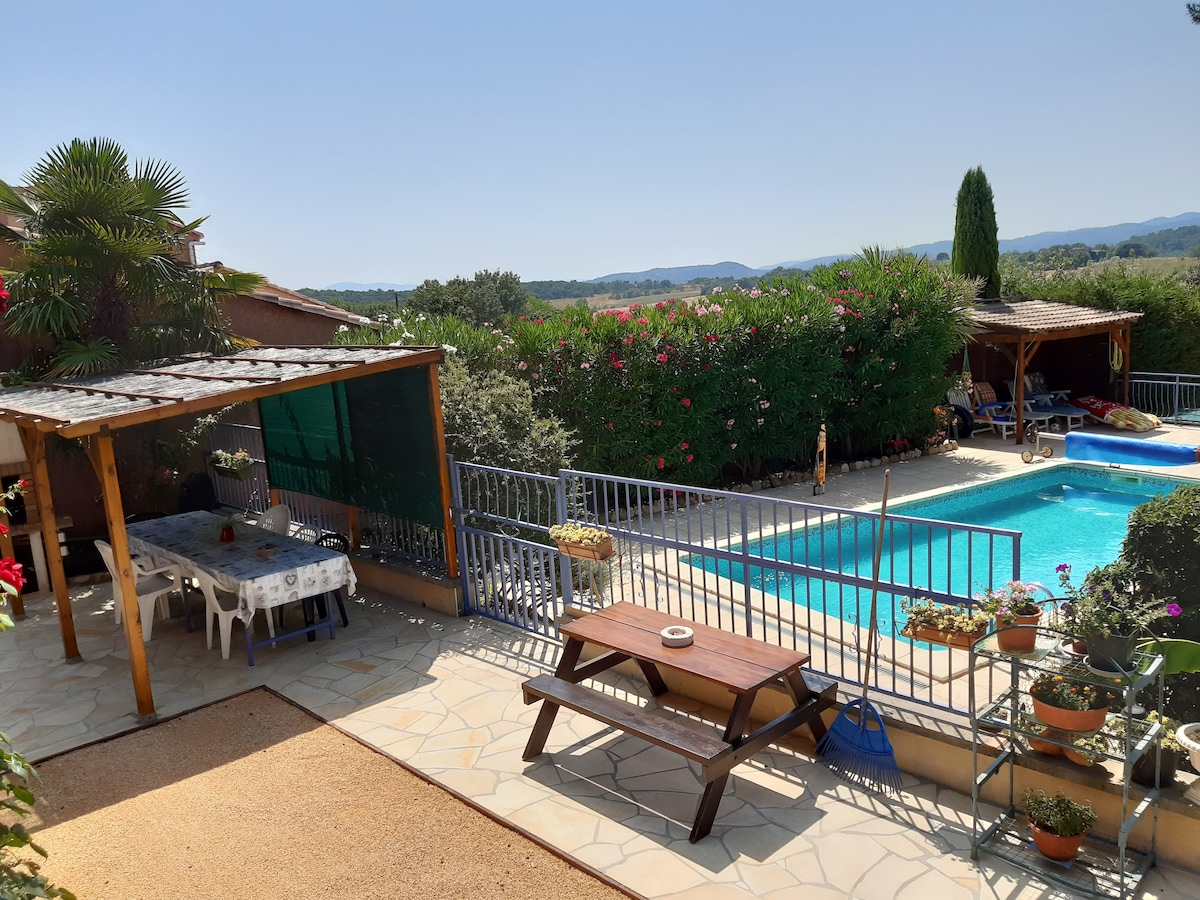 A well-maintained outdoor space features a swimming pool surrounded by lush greenery. A shaded area with a wooden table and chairs is present, offering a relaxing spot. Potted plants add a touch of nature, while distant mountains provide a scenic backdrop.