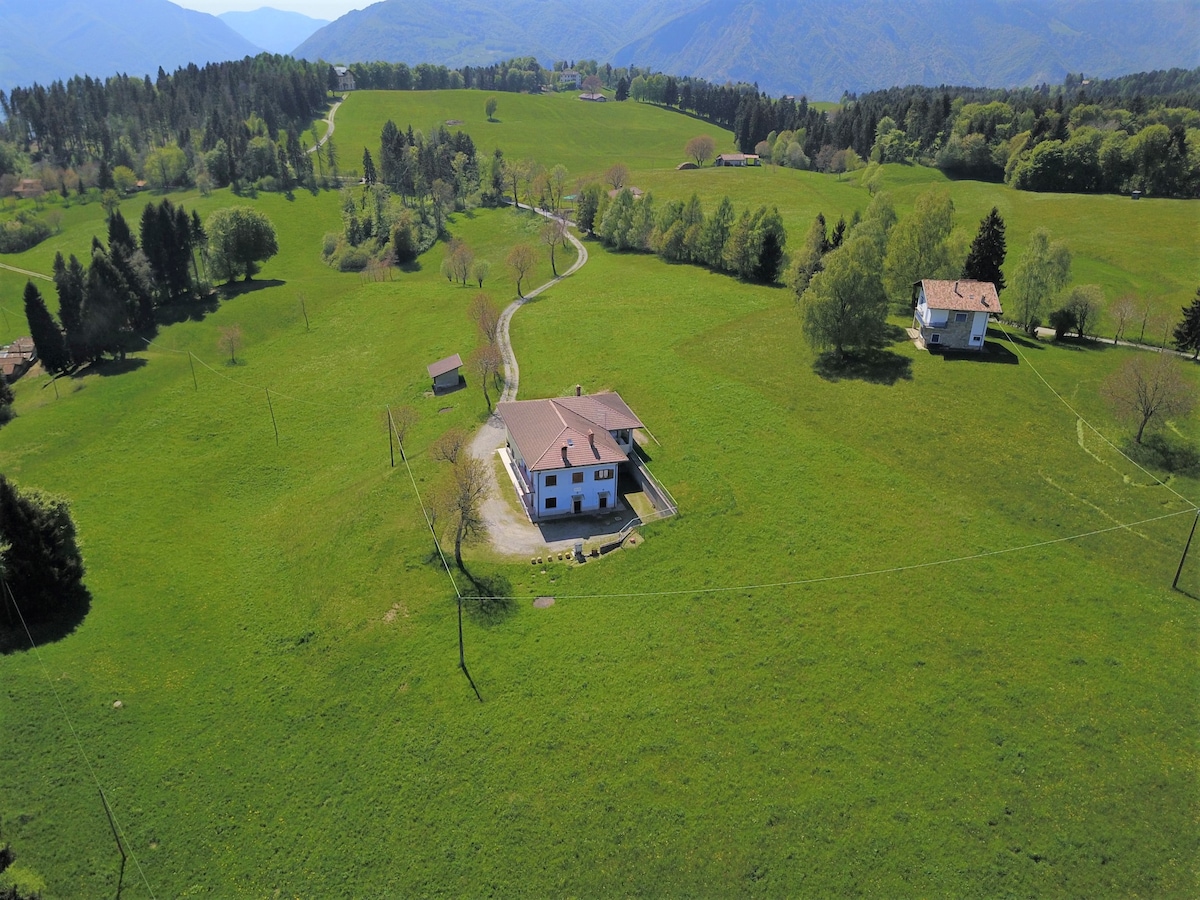 The image captures a serene landscape featuring a house surrounded by expansive green fields and rolling hills. Trees dot the area, and a winding path leads towards the home. The mountains stand majestically in the background, completing the picturesque natural setting.
