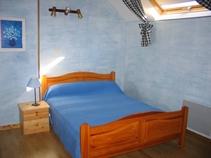 带双人床的蓝色房间。 提供毛巾和床单。