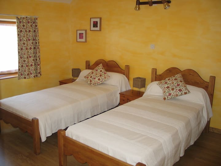 黄色房间配备两张单人床。 提供毛巾和床单。