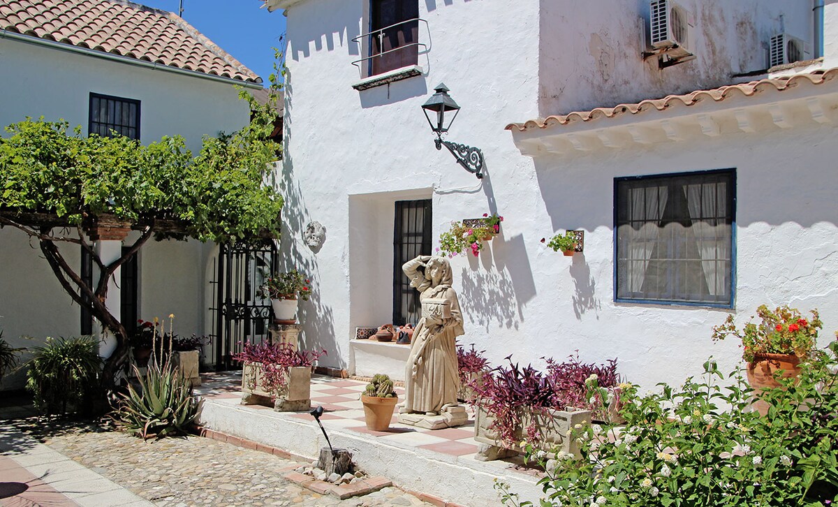A charming courtyard features a white stucco building with traditional Spanish elements. Potted plants and a stone statue enhance the outdoor space. Vines climb over a trellis, providing shade. Windows with decorative shutters allow natural light into the surrounding area.