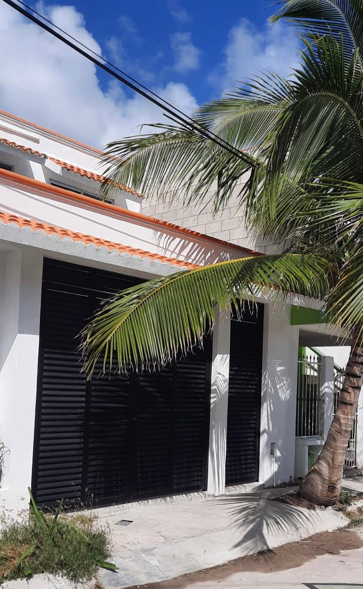The exterior of the two-story house features a modern facade with a black louvered door, providing a contrast against the white walls. A palm tree is seen nearby, enhancing the tropical setting under a blue sky.
