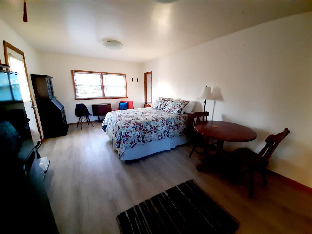 A spacious studio apartment features a queen bed adorned with a floral-patterned duvet. A small round dining table with two wooden chairs sits nearby. Natural light fills the room through two windows, complementing the light-colored walls and wood flooring.
