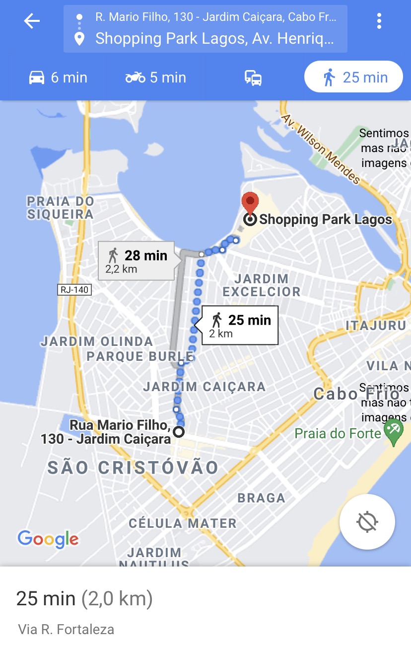 A map is displayed, illustrating the route from Rua Mario Filho to Shopping Park Lagos in Cabo Frio. Distances are marked, showing a travel time of approximately 25 minutes by car for a distance of 2 kilometers.