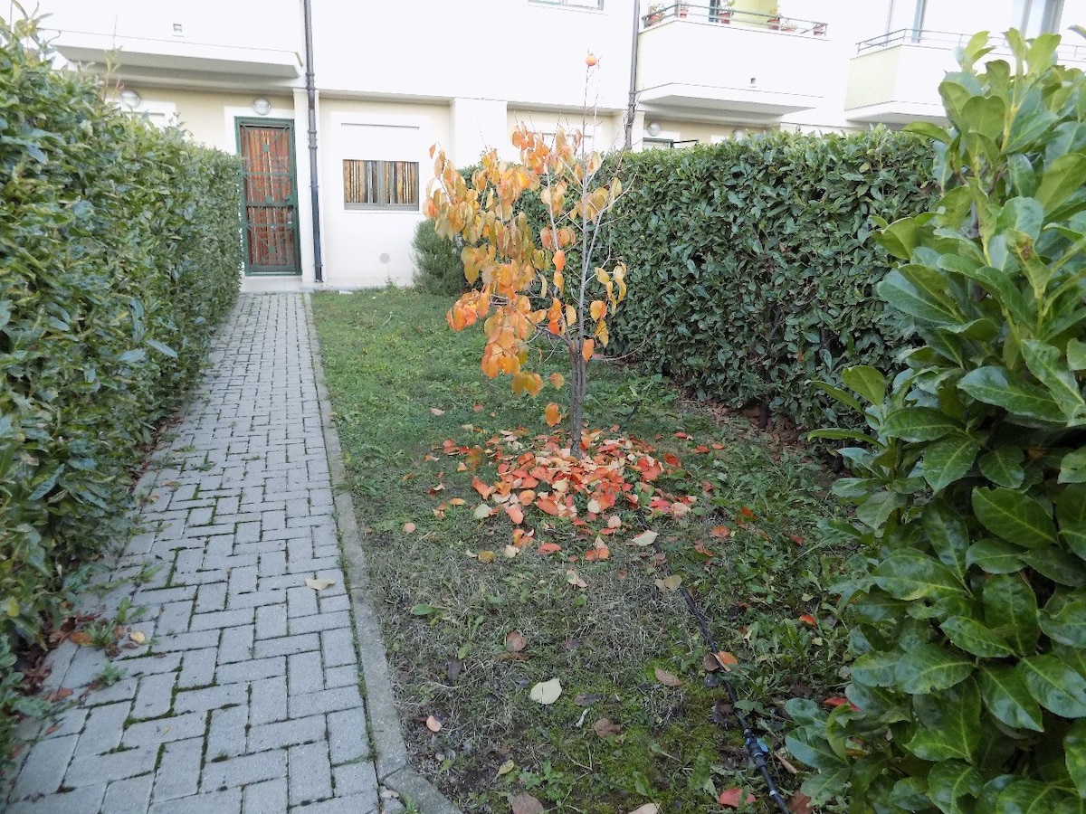 A private garden space is depicted, featuring a small tree with orange leaves surrounded by lush green hedges. A paved walkway leads through the garden, enhancing the area’s accessibility. The ground is covered with fallen leaves, suggesting seasonal changes.