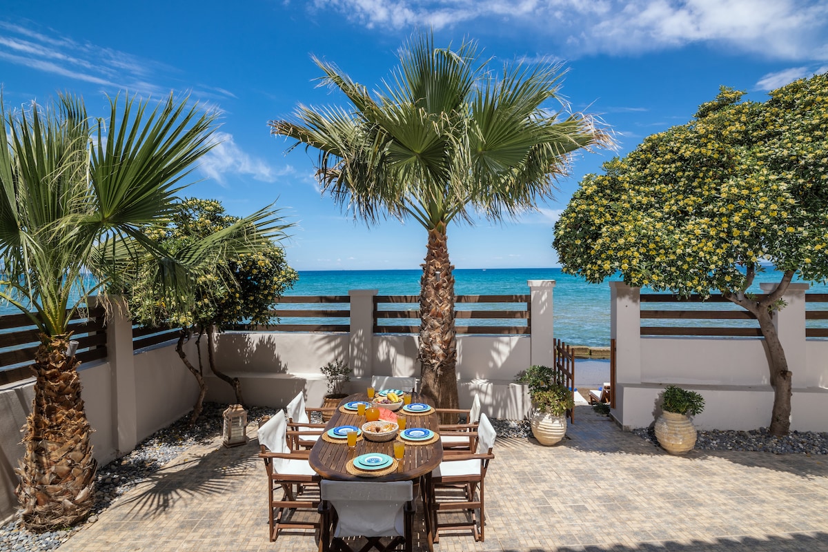 An outdoor dining area is surrounded by palm trees, with a clear view of the sea in the background. A wooden table is set with colorful plates and fresh fruits, enhancing the welcoming atmosphere for al fresco meals under the sun.