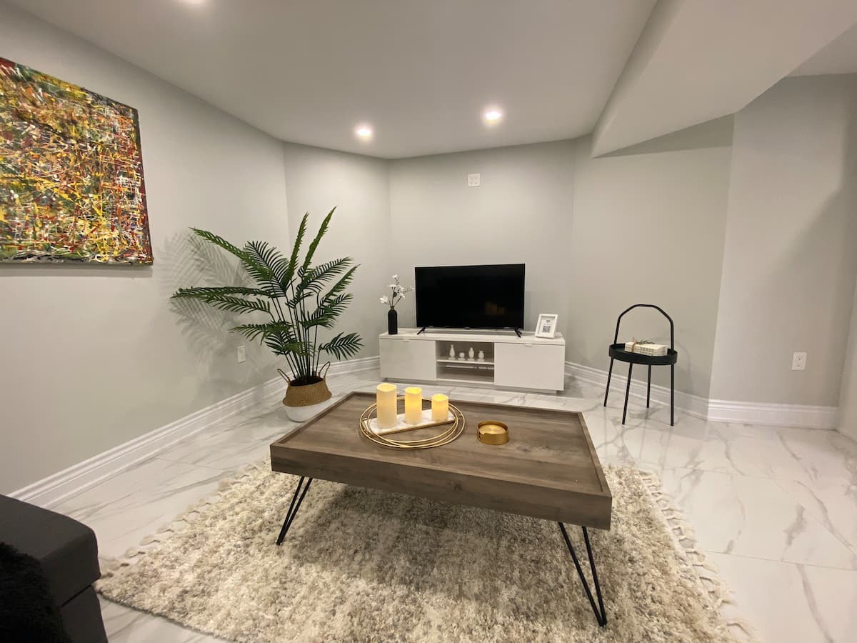 A modern living area is highlighted by a low-profile coffee table atop a soft area rug. A tropical plant adds freshness, while a wall-mounted television enhances entertainment options. Subtle artwork decorates the wall, complementing the light-colored walls and bright recessed lighting.