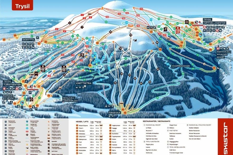 A detailed map of the Trysil ski area displays numerous ski runs and trails, marked in different colors for varying levels of difficulty. Ski lifts and facilities are indicated, alongside featured restaurants and services available throughout the expansive mountain region.