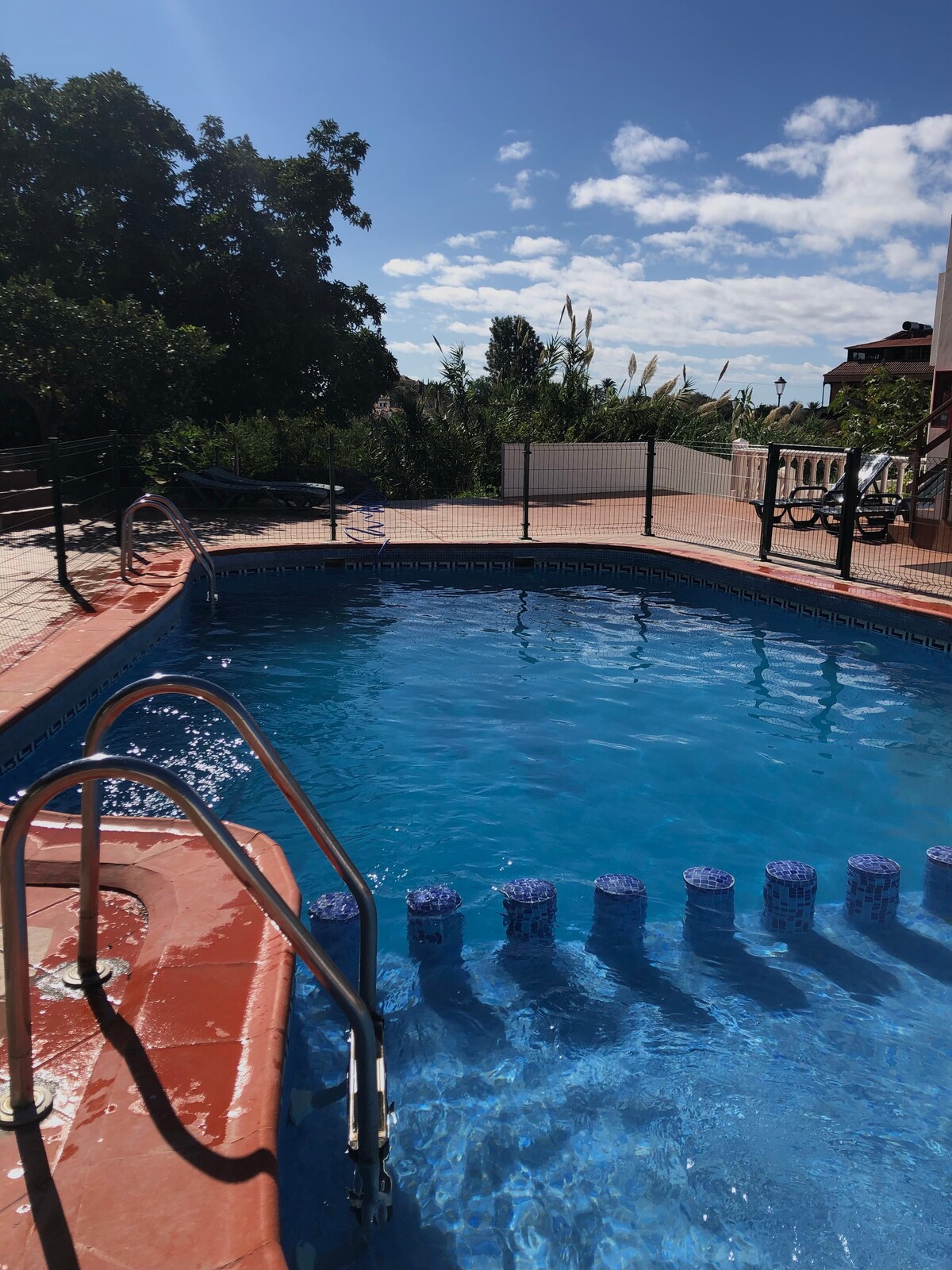 A swimming pool reflects blue skies, surrounded by lush greenery. The pool features a staircase for easy access, with a view of trees and distant vegetation. Sunlight brightens the area, highlighting the pool's inviting waters and the surrounding patio space.