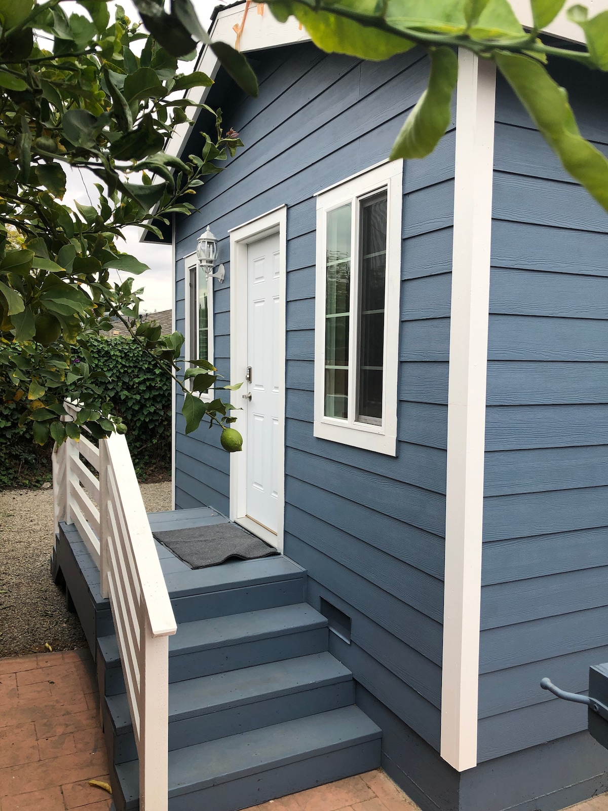The exterior of a charming blue cottage is shown. A white door is centered between a window and a small set of steps. A light fixture is mounted next to the door, and greenery borders the side, enhancing the tranquil atmosphere of the space.