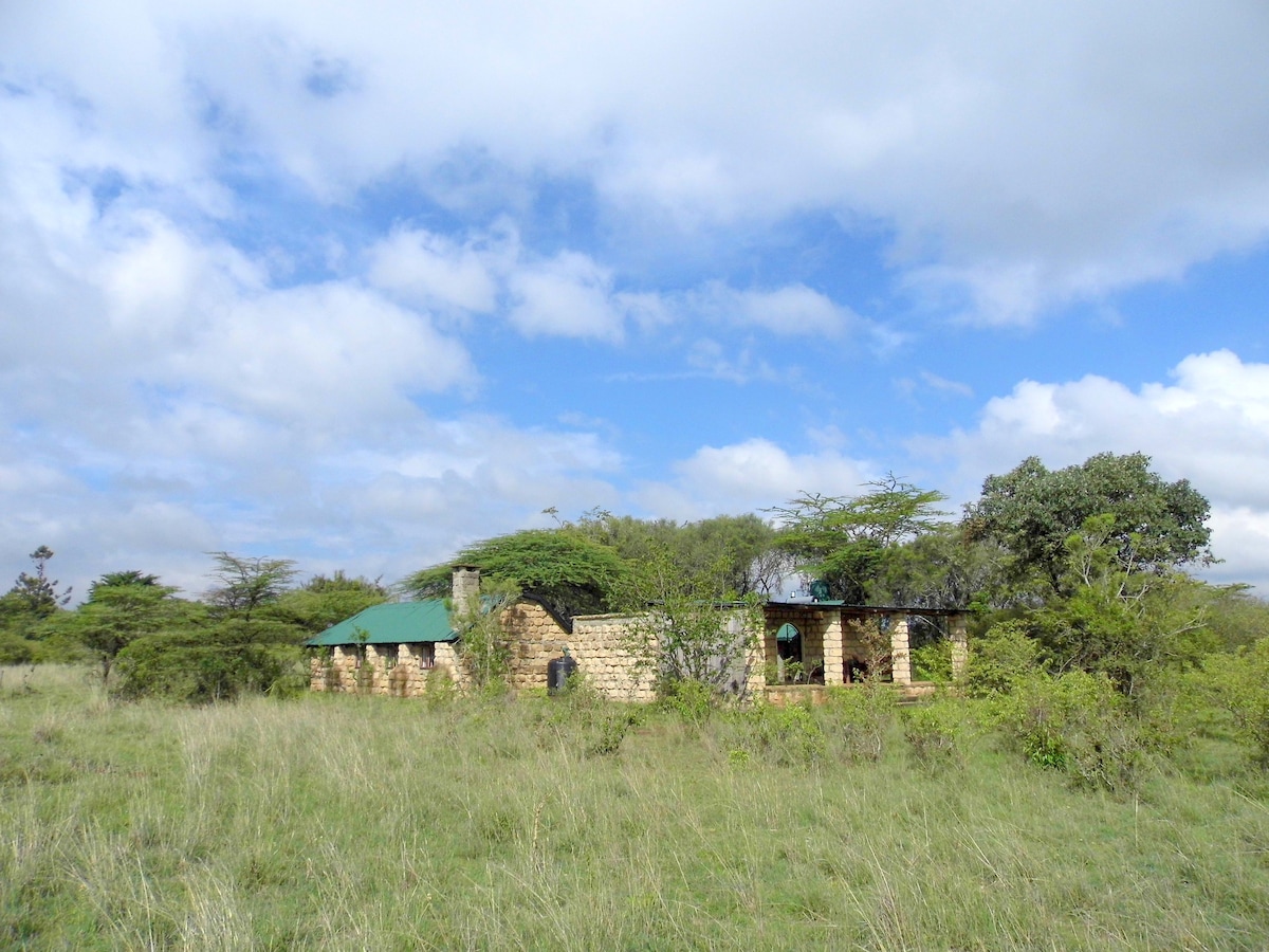 A stone structure featuring a green metal roof is set amidst tall grass and trees. The building blends with the surrounding landscape, providing a sense of tranquility. The sky overhead is partly cloudy, allowing natural light to enhance the scene.