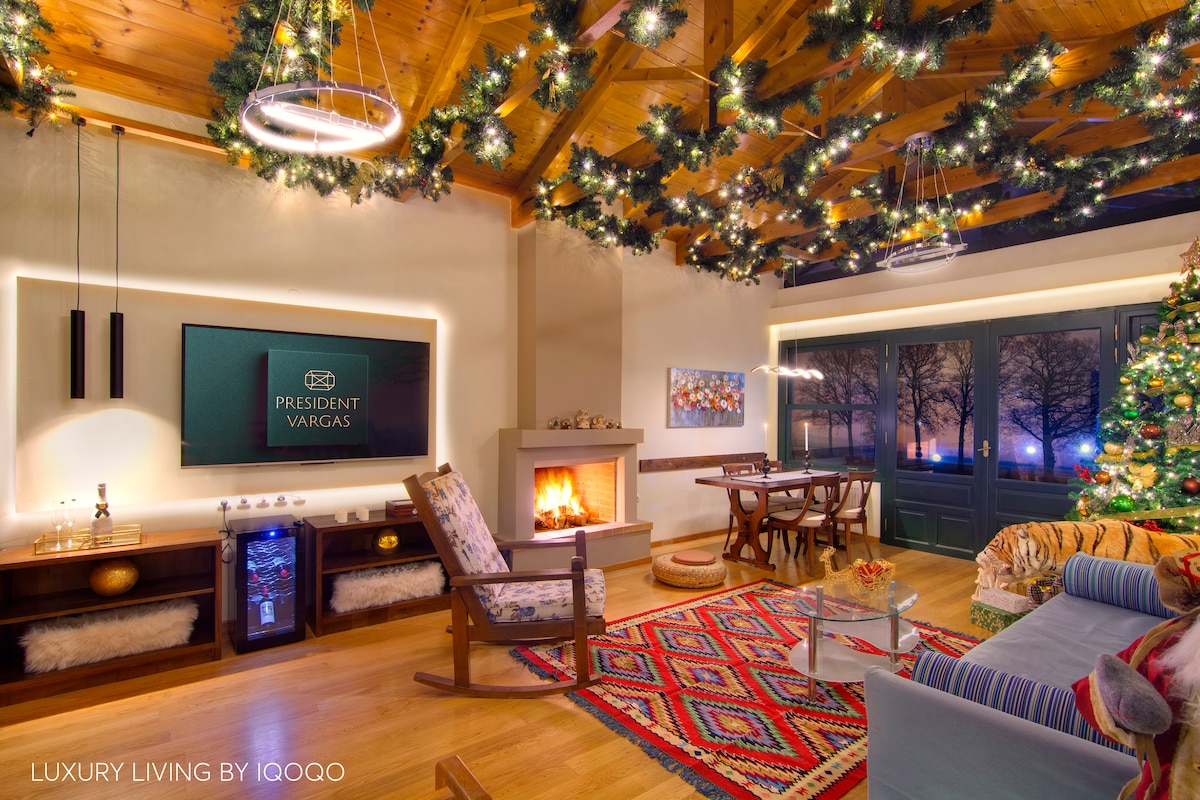 A warmly decorated living area features a cozy fireplace, with festive garlands and a Christmas tree adding seasonal charm. Comfortable seating is arranged around a colorful area rug, while a media console with a television displays the 'President Vargas' logo. Large windows reveal a serene outdoor view.