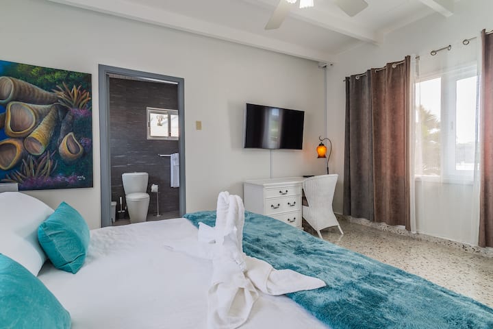 Главна спалня с голямо двойно легло и телевизор