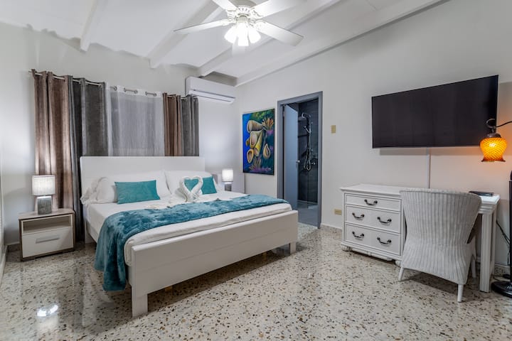 Главна спалня с голямо двойно легло и телевизор