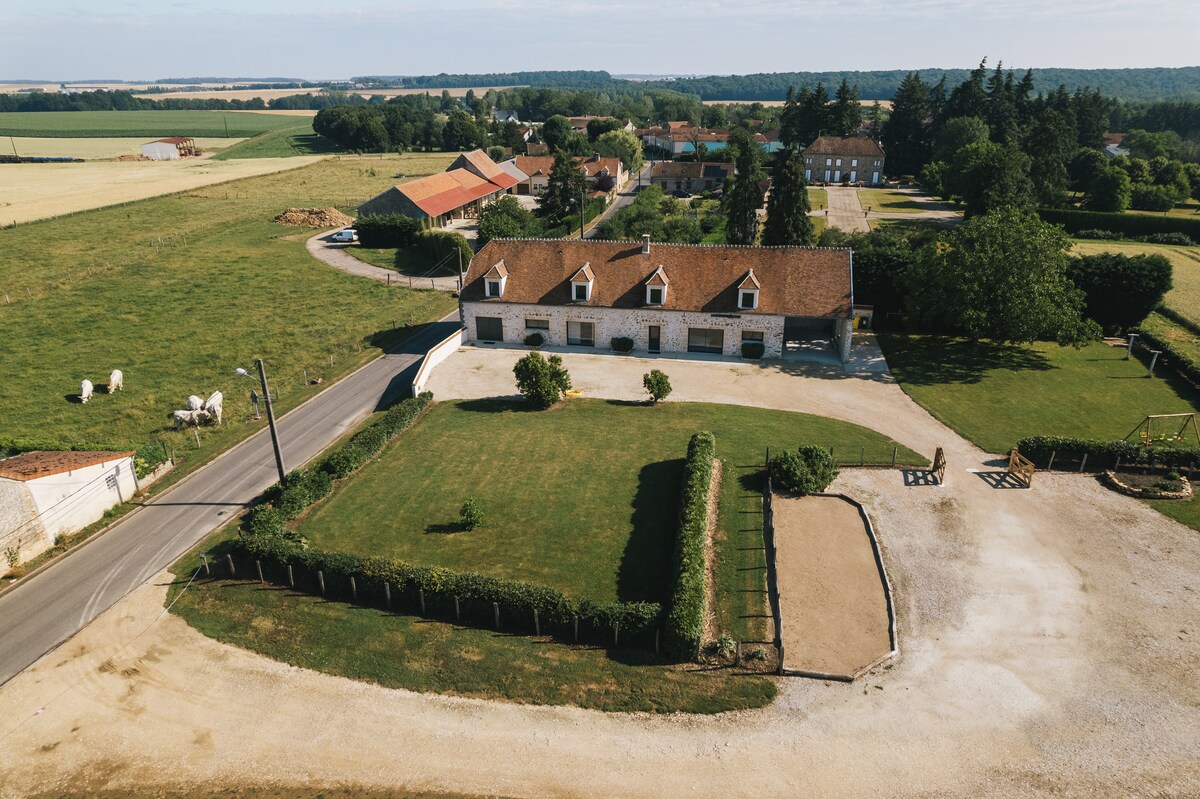 An aerial view reveals a spacious property with a farmhouse flanked by green lawns and a gravel path. Surrounding fields extend to the horizon, while grazing cows can be seen nearby. The landscape features a harmonious blend of farmland and rustic buildings, creating a tranquil rural setting.