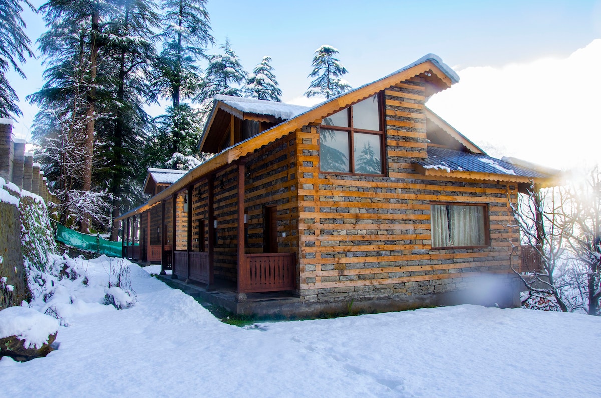 A rustic wooden cottage sits amid a snowy landscape, featuring a sloped roof and large windows that allow for ample natural light. Surrounding coniferous trees add to the serene environment, while a snow-covered porch invites outdoor relaxation.