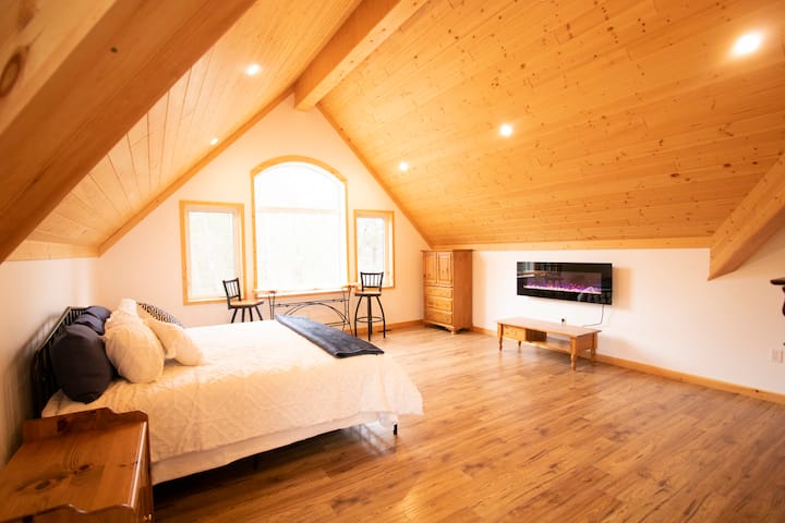 Large Primary bedroom with electric fireplace and King size bed.